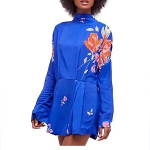 Free People, Gemma Royal Blue Floral Long Sleeve Tunic Dress, Size XS | 1138